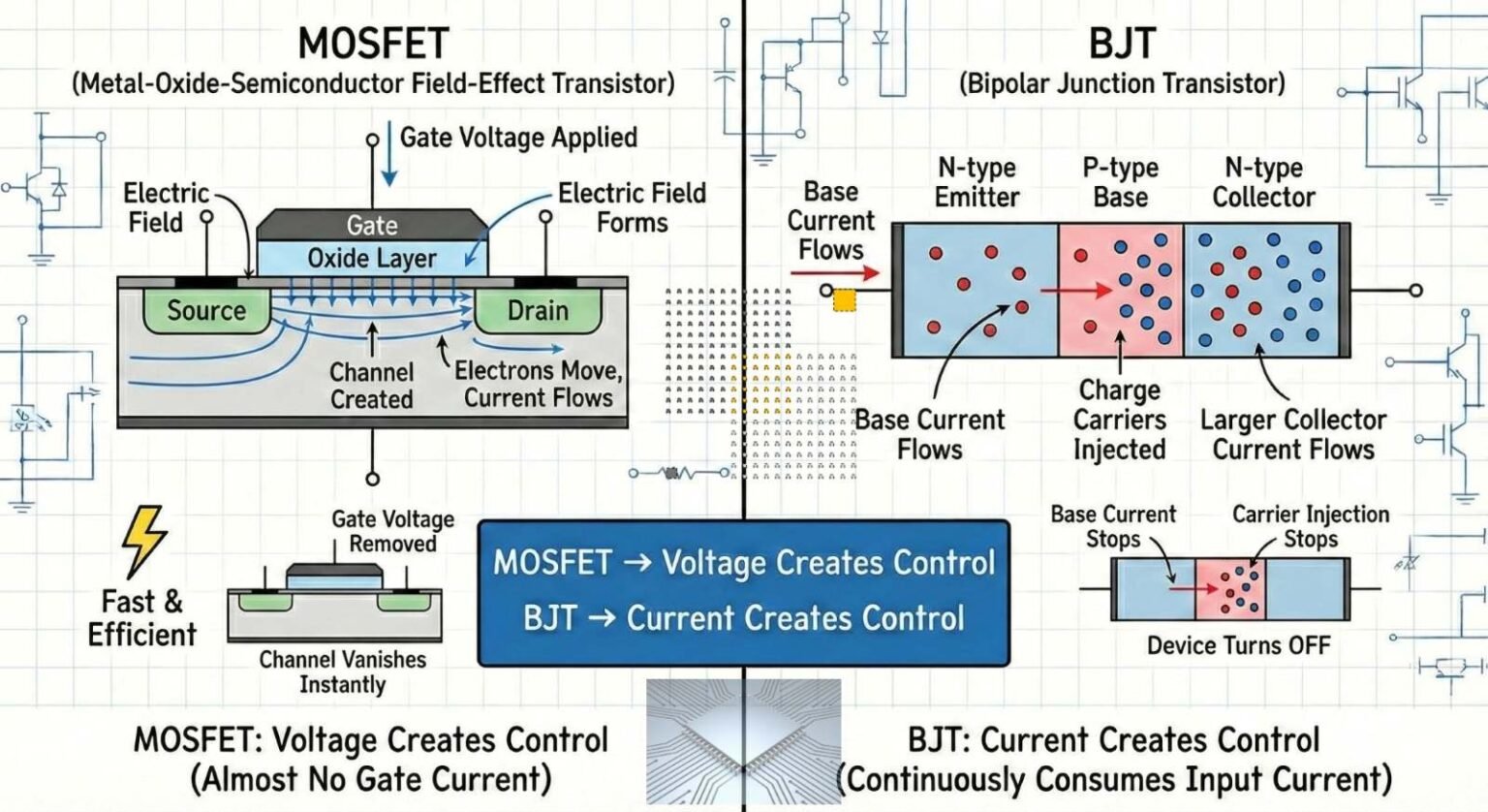 MOSFETs vs. BJTs: Why Voltage and Current Control Devices