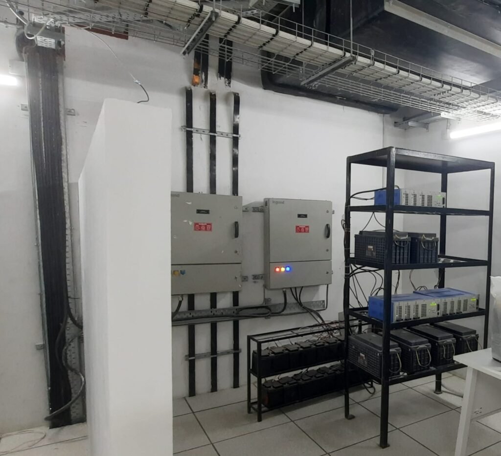 Battery installed on metallic racks 
