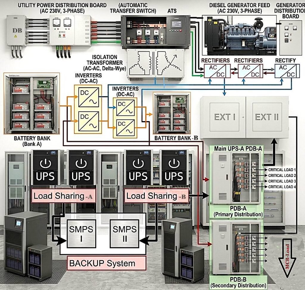 Complete connection diagram and electrical UPS room with battery Bank module 