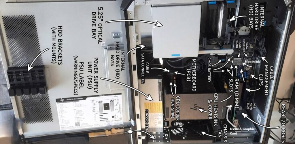 How to Install a Hard Disk in a Workstation with Visual 4 WORKSTATION OPEN INSIDE WITH INDICATION AND TAG LABLES